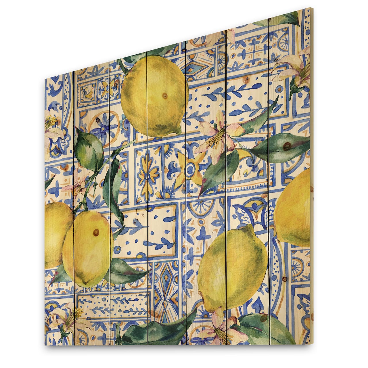Designart - Lemon Ornament On Blue Geometrical Pattern I - Tropical Print on Natural Pine Wood